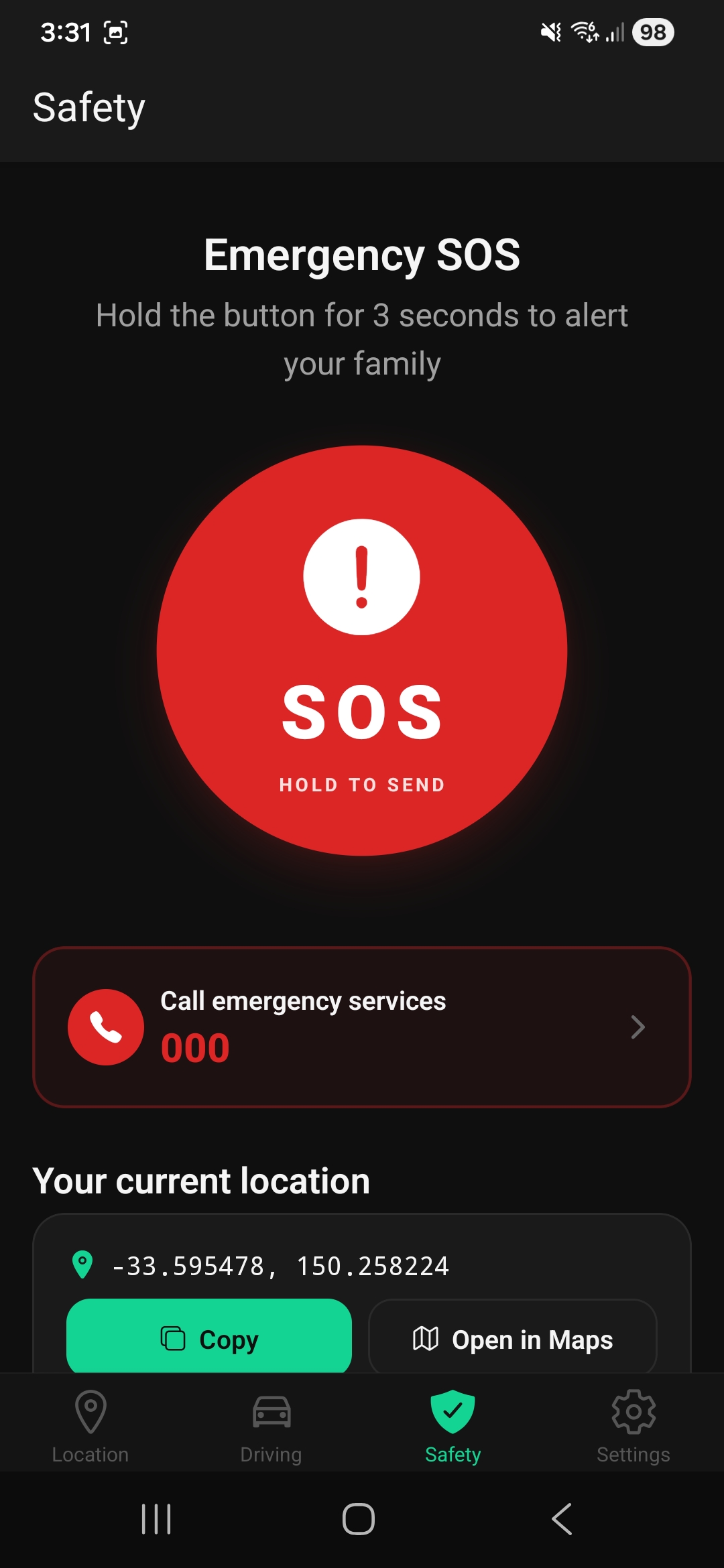 Zamily Safety tab — large red SOS button with 'Hold for 3 seconds' instruction, a shortcut to call local emergency services (000 in Australia), and current GPS coordinates.