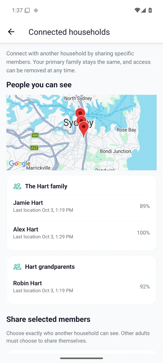 Zamily Android Connected households screen with fictional sample data