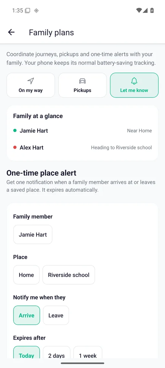 Zamily Android One-time alerts screen with fictional sample data