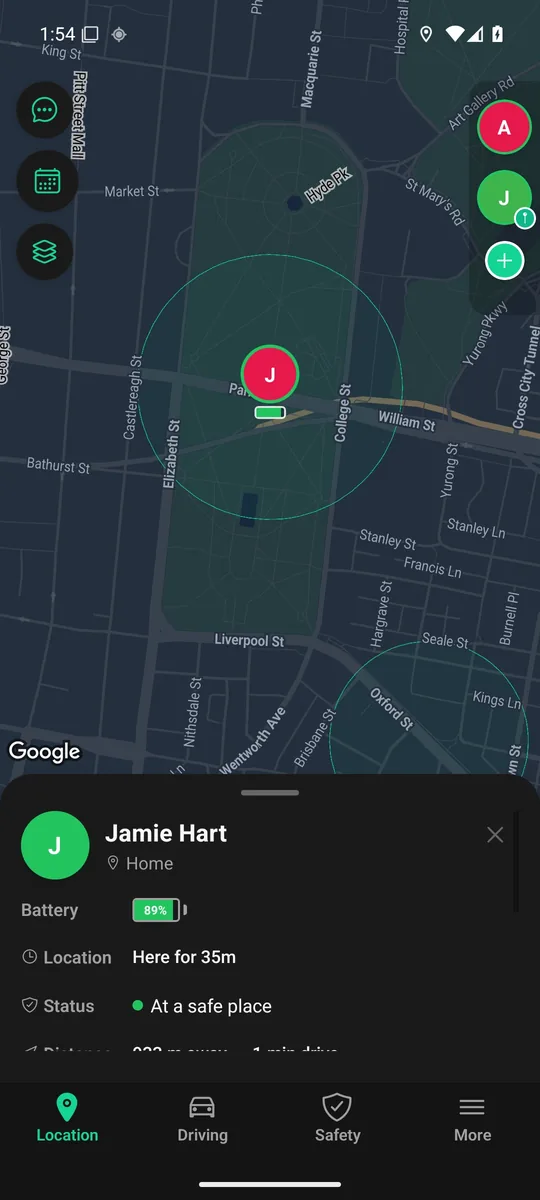 Actual Zamily Android map in dark theme, with fictional family data