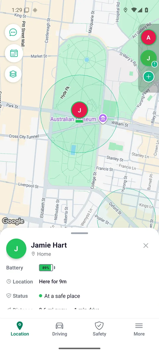 Actual Zamily Android family map, showing Jamie’s fictional location and battery