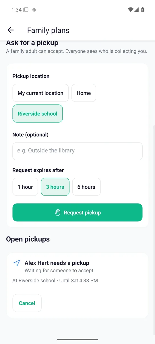 Actual Zamily pickup request with fictional sample data