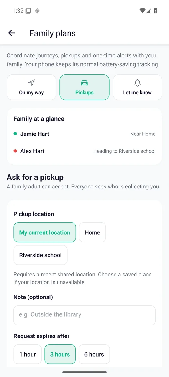 Actual Zamily Android Pickup request, with fictional data