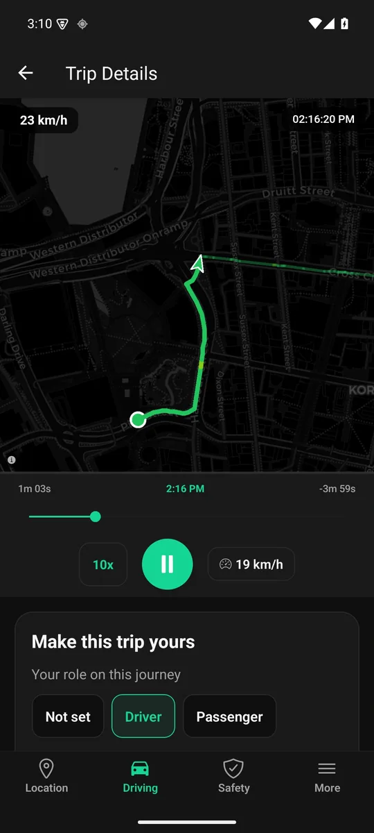Zamily Android Trip replay screen with fictional sample data